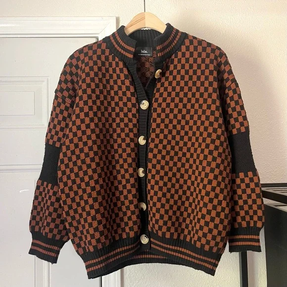 Dressed in LALA Brown Checkered Cardigan - Picture 3 of 8